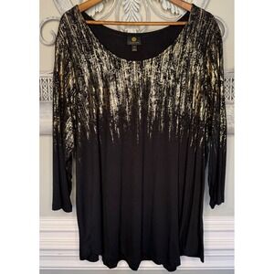 JM Collection Womens 3X Black Gold Metallic Foil Waterfall Print 3/4 Sleeve Top